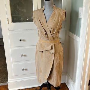 Bill Blass New York gold leaf beige summer dress w/ angular sleeves wrap style